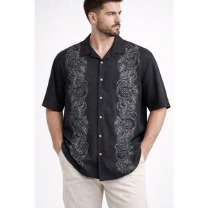 Tommy Bahama Mens 3XB Black Silk Cotton Embroidered Camp Shirt Resort Hawaii 3XB